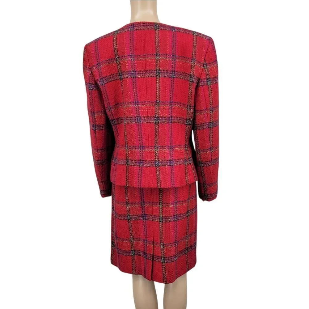 Ellen Tracy Red Plaid Blazer Double Breasted Gold Buttons Skirt Suit Set Tweed